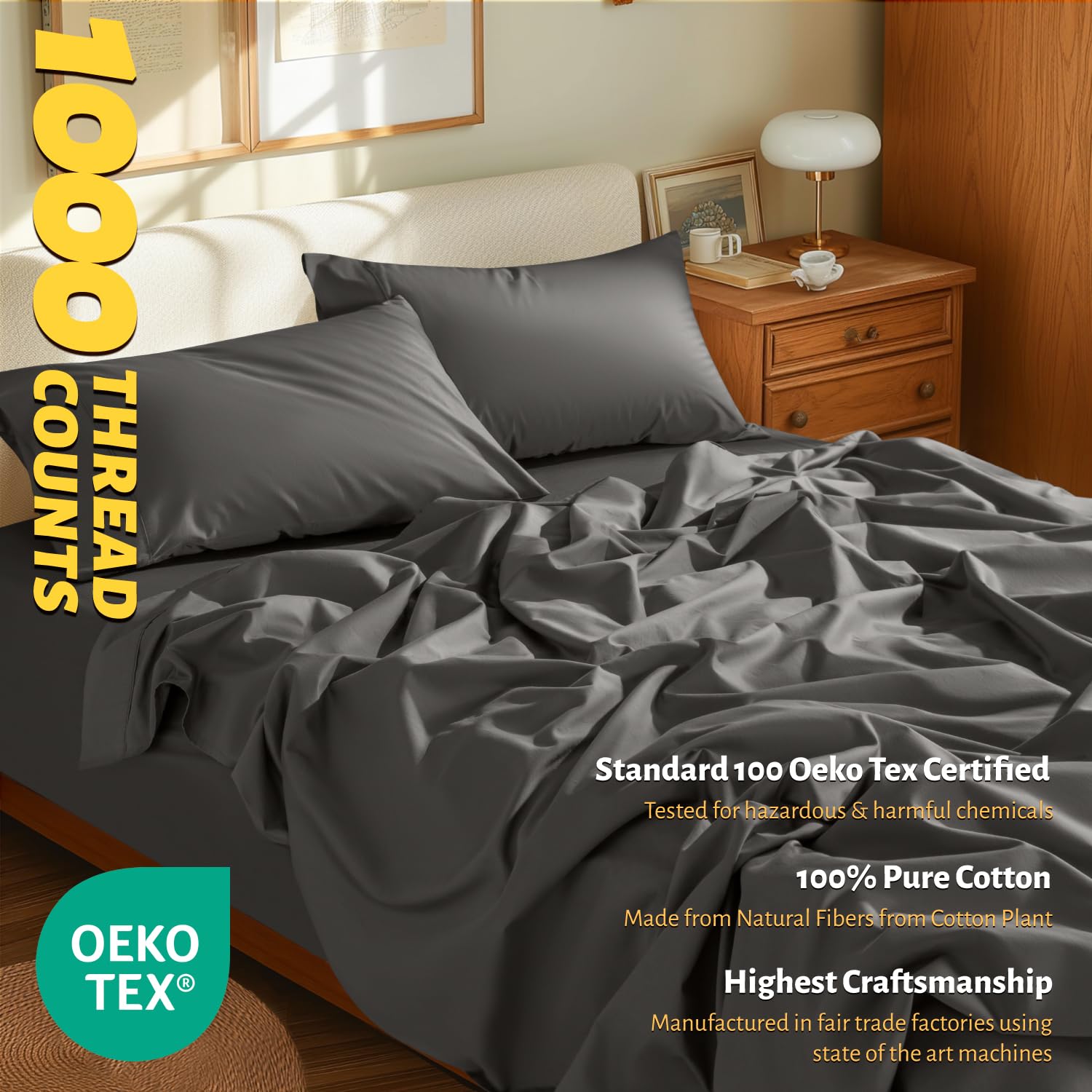 Shilucheng 100% Egyptian Cotton Sheets Set - 1000 Thread Count,Luxury Cotton Bed Sheets,Breathable & Cooling Bedding And Pillow Cases, 16 Inch Deep Pocket (California King, Dark Grey)